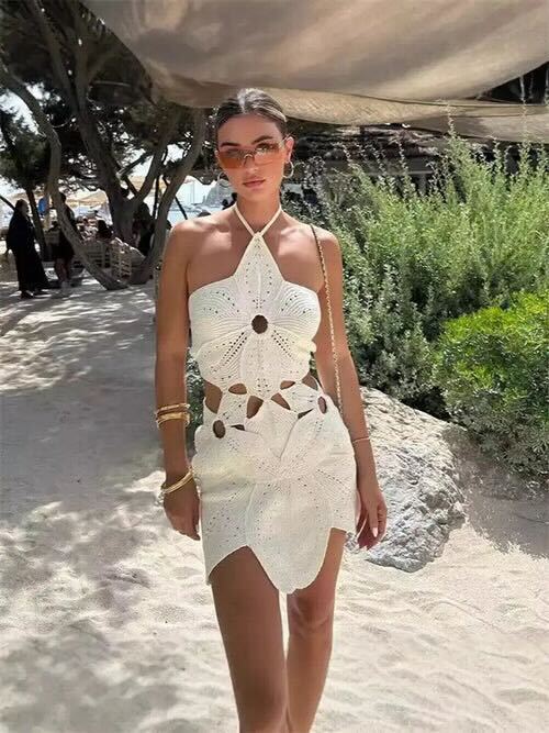 Wallace Athletics Womens Hollow Out Halter Dress White Flower Cover Up Dress White