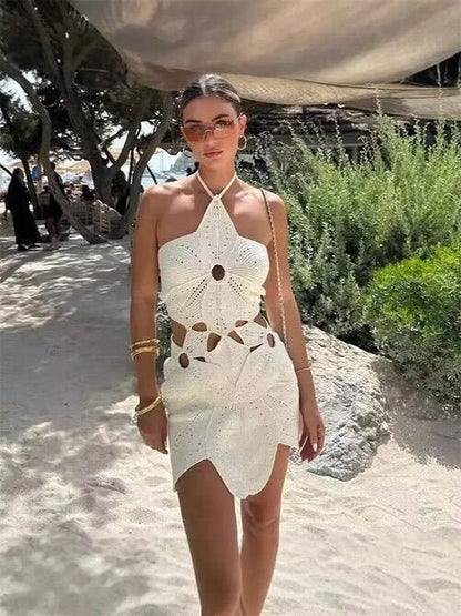 Wallace Athletics Womens Hollow Out Halter Dress White Flower Cover Up Dress White