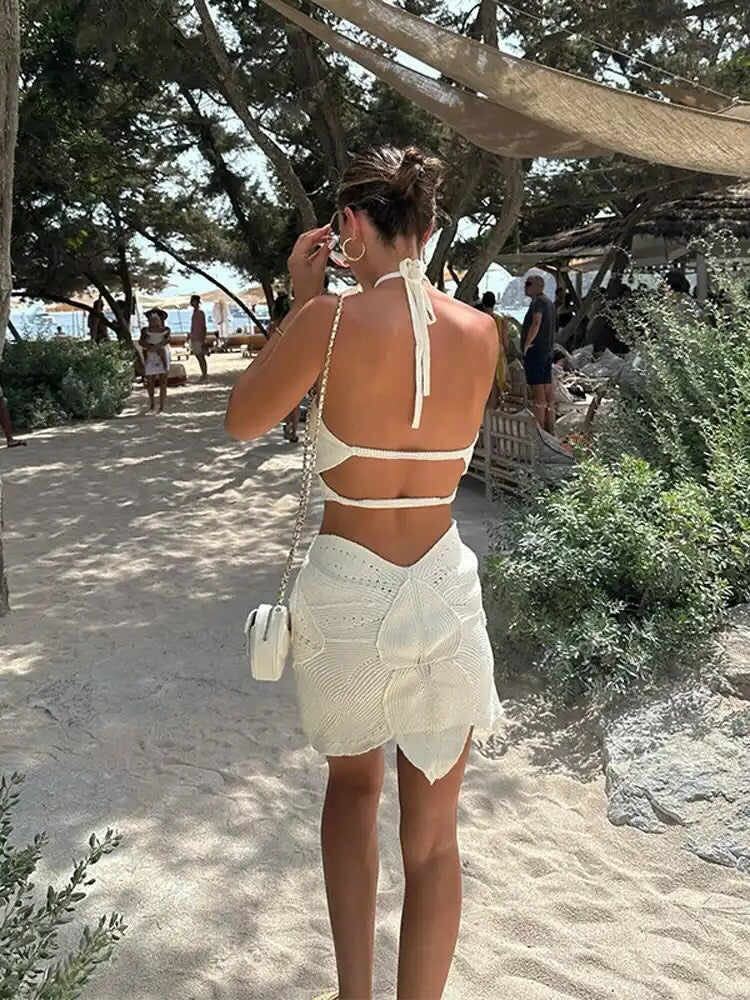 Wallace Athletics Womens Hollow Out Halter Dress White Flower Cover Up Dress White