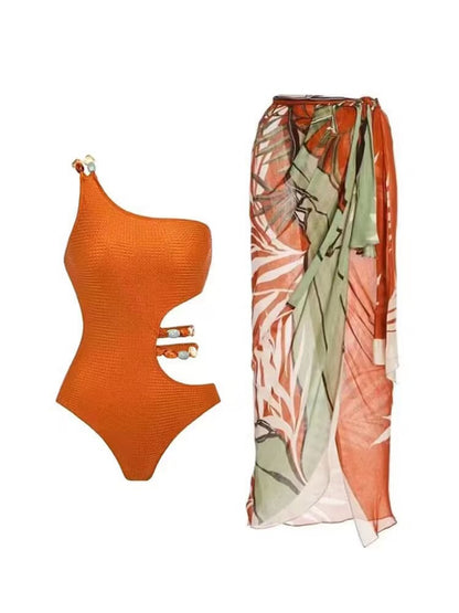 Wallace Athletics Women’s One-Shoulder Cut-Out One-Piece Swimsuit & Tropical Palm Print Sarong Wrap Skirt